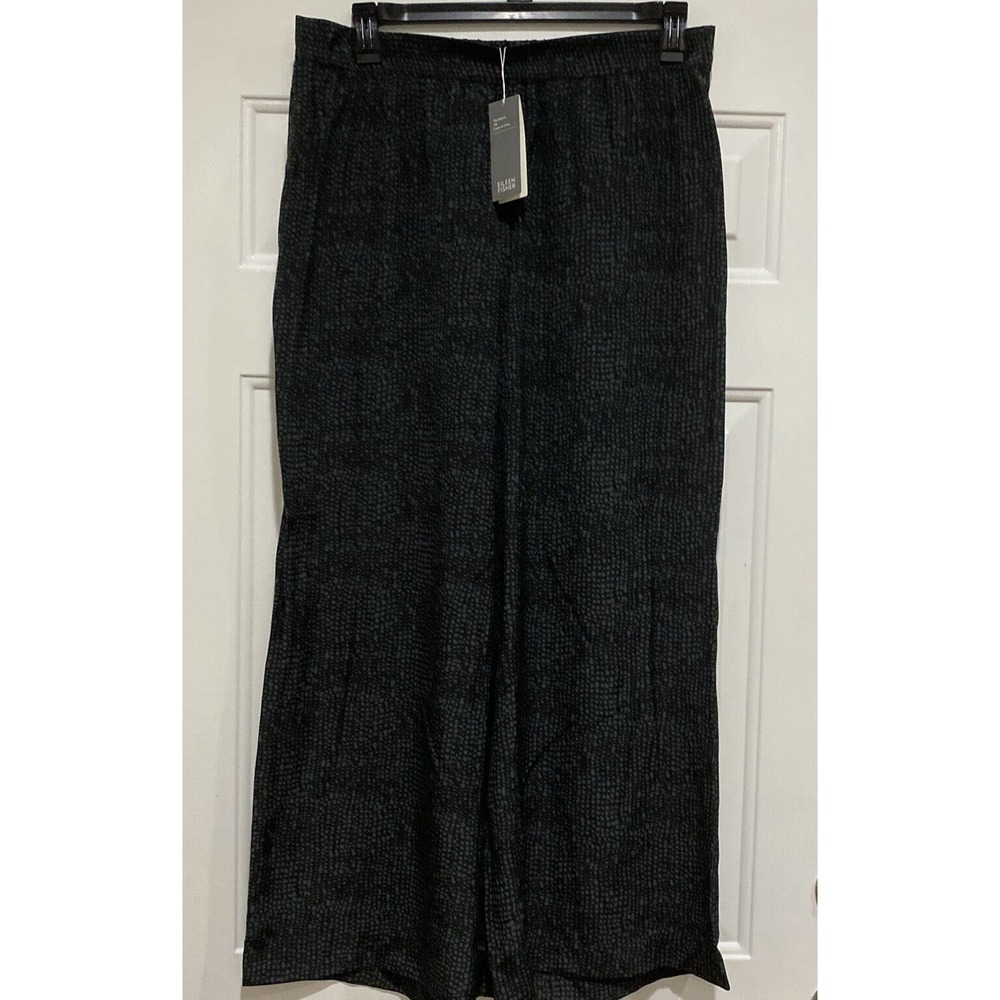 Eileen Fisher NEW Size Large Thumbprint Silk Crepe Wide Leg Ankle Pants Black